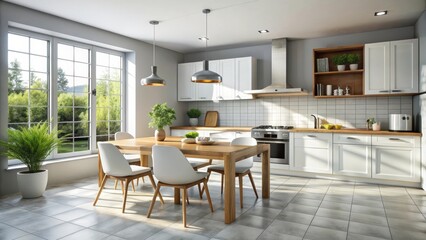 A spacious modern kitchen with white cabinets, a large window, a wooden dining table, and four chairs. The kitchen features a modern design with sleek lines and a contemporary aesthetic.