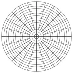 Obraz premium Polar coordinate circular grid isolated on white background. 360 degrees scale. Blank polar graph paper. Vector illustration. Mathematical graph. Lined blank on transparent background