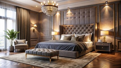 Fototapeta premium A spacious master bedroom with a plush tufted headboard, a large bed with soft bedding, a decorative ottoman, and a luxurious chandelier. The room is adorned with elegant decor, creating a sophisticat