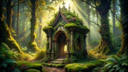 Fototapeta premium A stone chapel, overgrown with moss, stands in a mystical forest, bathed in sunlight, with a path leading to its entrance, symbolizing nature's embrace, serenity, mystery, faith, and tranquility.