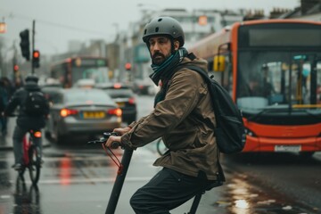 Fototapeta premium A man wearing a helmet and backpack rides an electric scooter at a busy city intersection, highlighting urban commuting and eco-friendly transportation in modern urban settings.