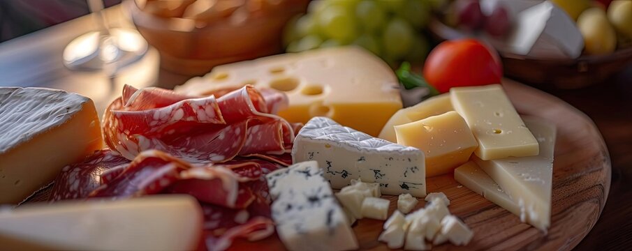 A delectable cheese and charcuterie platter featuring assorted cheeses, cured meats, and fresh fruits, perfect for entertaining.