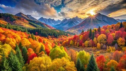 Obraz premium A stunning view of a mountain range with a colorful autumn forest in the foreground. The sun is setting behind the mountains, casting a warm glow over the scene. The image captures the beauty of natur