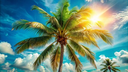 A tall palm tree reaches towards the sun, its silhouette casting a shadow on the bright blue sky with fluffy white clouds. The image conveys feelings of relaxation, vacation, and paradise.