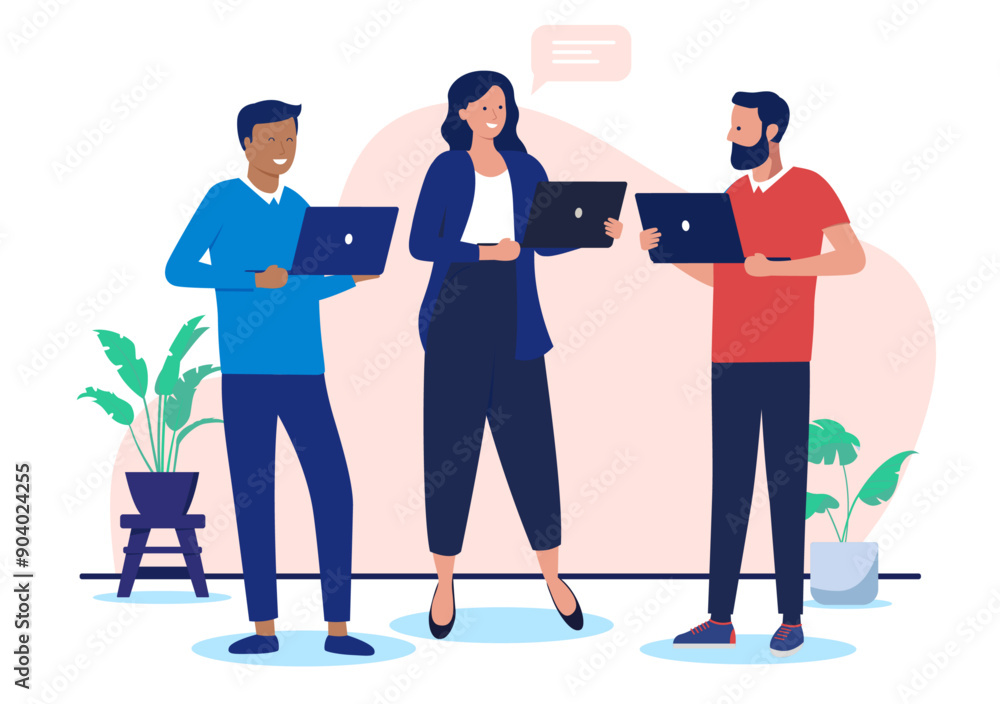 Fototapete People with computers working - Group of three businesspeople standing holding laptops in hands, smiling and talking together at work in office. Flat design vector illustration on white background