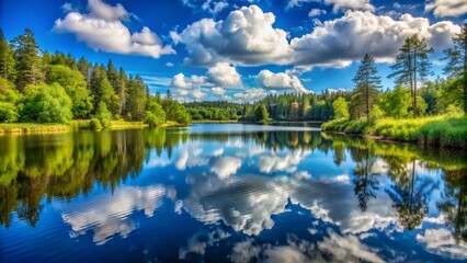 A tranquil lake with crystal-clear water reflecting a vibrant blue sky dotted with fluffy clouds, surrounded by lush green trees.  The serene landscape evokes feelings of peace, tranquility, and the b