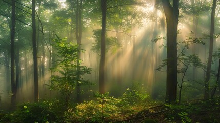 Obraz premium Sunbeams pierce through a misty, green forest.