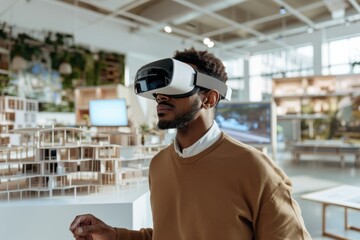A person in a brown sweater using a VR headset in a modern exhibition space featuring architectural models and digital displays, representing digital innovation and design.