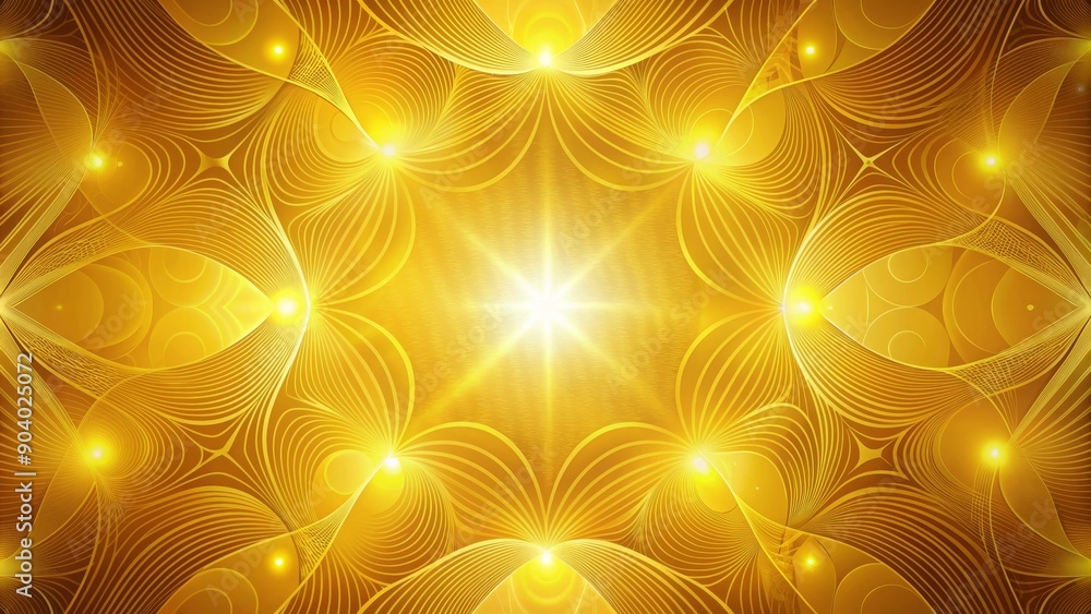 Poster an abstract background featuring intricate golden lines forming a symmetrical pattern with glowing l