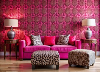 Vibrant pink and red leopard print accents adorn a stylish modern room, featuring a trendy ottoman, velvety pillows, and bold patterned wallpaper.