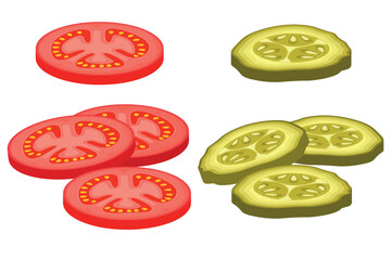 Vector image of slices of tomatoes and cucumbers. Concept of food and ingredients for cooking. Element for your design