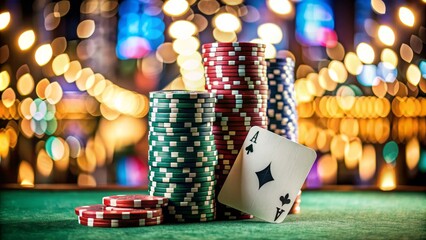 Stacks of poker chips, a single ace of spades, and a blurred background of twinkling lights symbolize luck, risk, and the thrill of gambling.