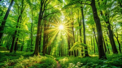 Obraz premium Sunlight streams through the leaves of a dense, verdant forest, creating a radiant and serene atmosphere. The image evokes concepts of nature, tranquility, peace, growth, and renewal.
