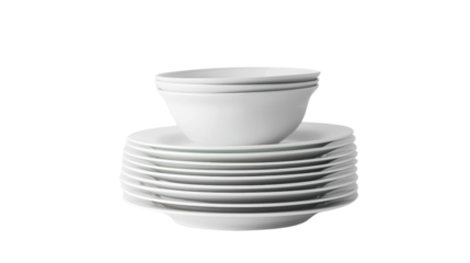 Clean stack of white plates and bowls on transparent background