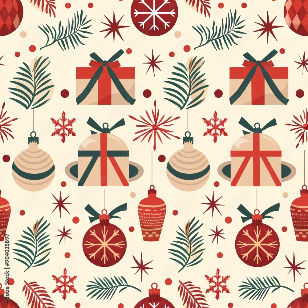Poster a seamless pattern featuring christmas ornaments and wrapping paper with a minimalist design, in a r