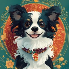 Chinese dog with a wreath of flowers