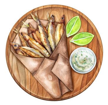 Spanish tapas - fried anchovies served with sauce and lime. Watercolor illustration