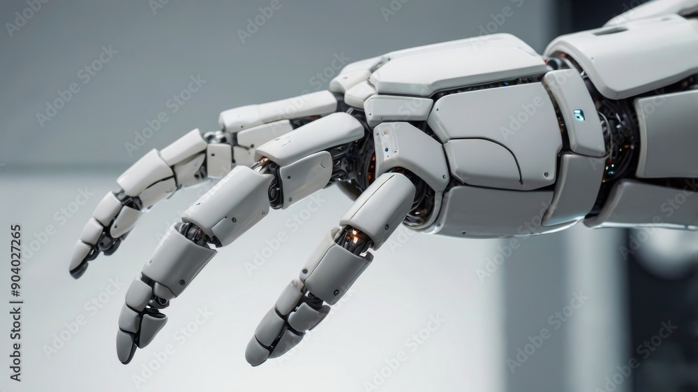 Poster a close-up view of a futuristic robotic hand, showcasing intricate design and advanced technology.
