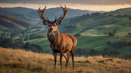 Fototapeta premium A majestic male deer stands proudly on a grassy hillside, showcasing its impressive antlers against a scenic backdrop of rolling hills.
