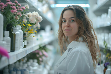 A young girl pharmacist stands in a floristic pharmacy. Concept of floratherapy, Bach flowers and alternative medicine