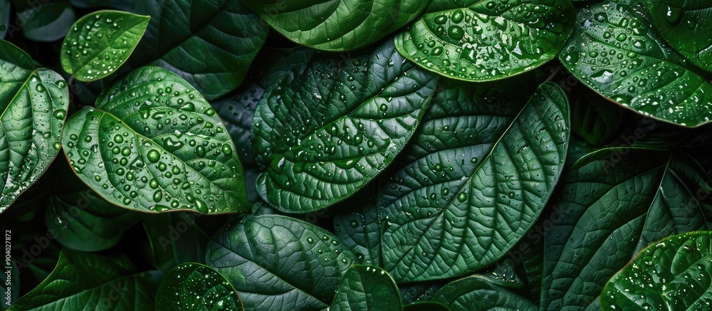 Poster large green leaves with perforations in the untouched wilderness provide a tranquil copy space image