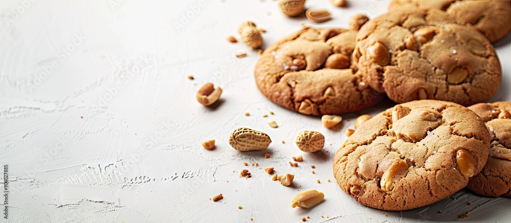 Poster delicious homemade cookies with peanuts on a white background with copy space image