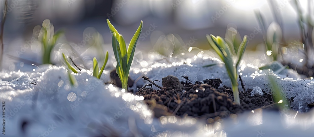 Aufkleber during the initial days of warmth fresh shoots emerge from the soil beside patches of unmelted snow 