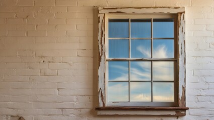 A weathered window frame reflecting the serene sky, showcasing nature's beauty and rustic charm.