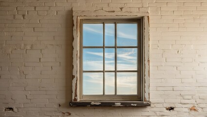A weathered wooden window frame showcasing a serene blue sky with wispy clouds.