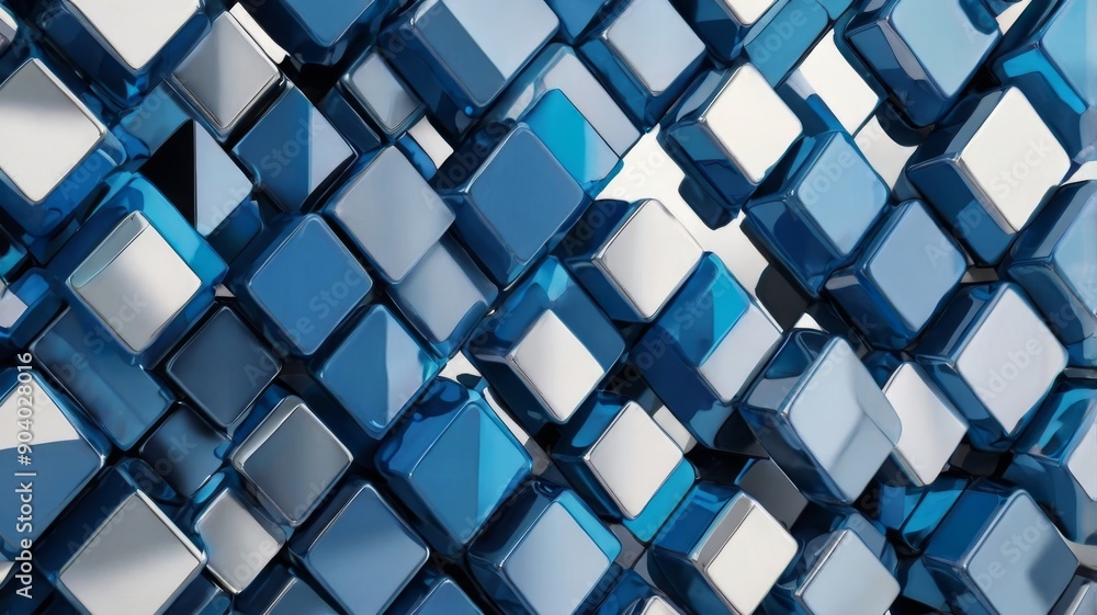 Poster An abstract arrangements of glossy blue and silver cubes creating a modern, three-dimensional pattern.
