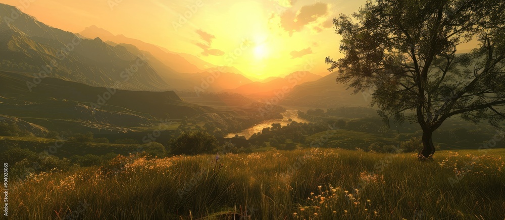 Poster a tranquil sunrise scene in the mountains with vast copy space image