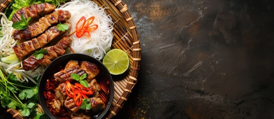 A popular Vietnamese dish called bun cha featuring grilled pork and rice noodles garnished with herbs and accompanied by a dipping sauce displayed in a copy space image