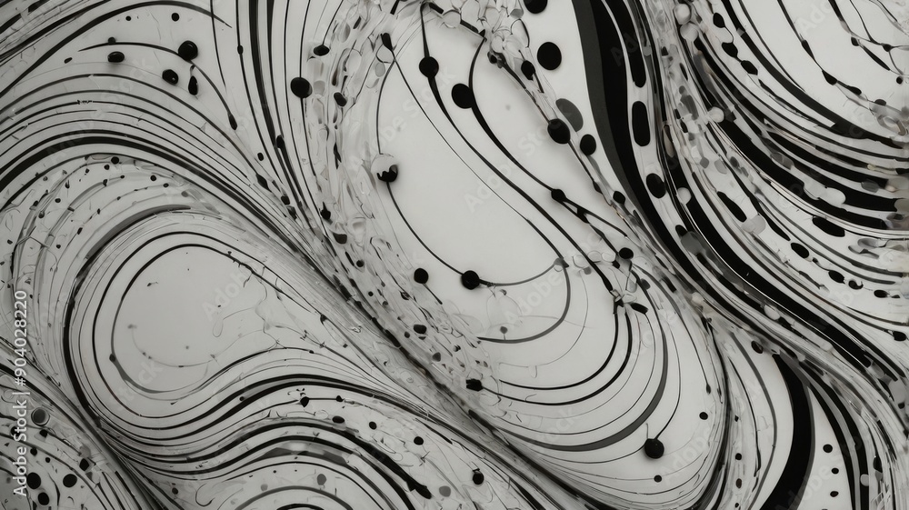 Poster abstract black and white swirls with fluid shapes and floating orbs create a captivating visual effe