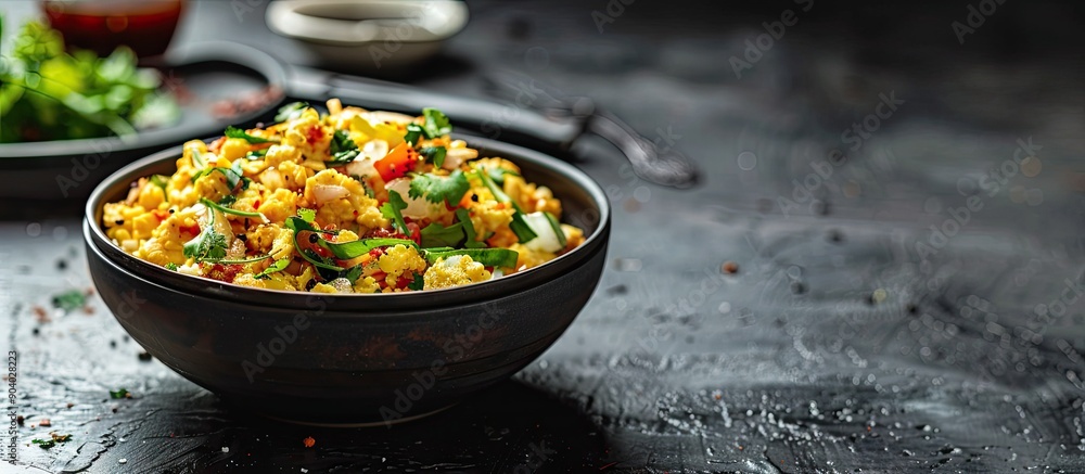 Poster close up view of egg bhurji anda bhurji served in a black bowl with salad dressing against a copy sp