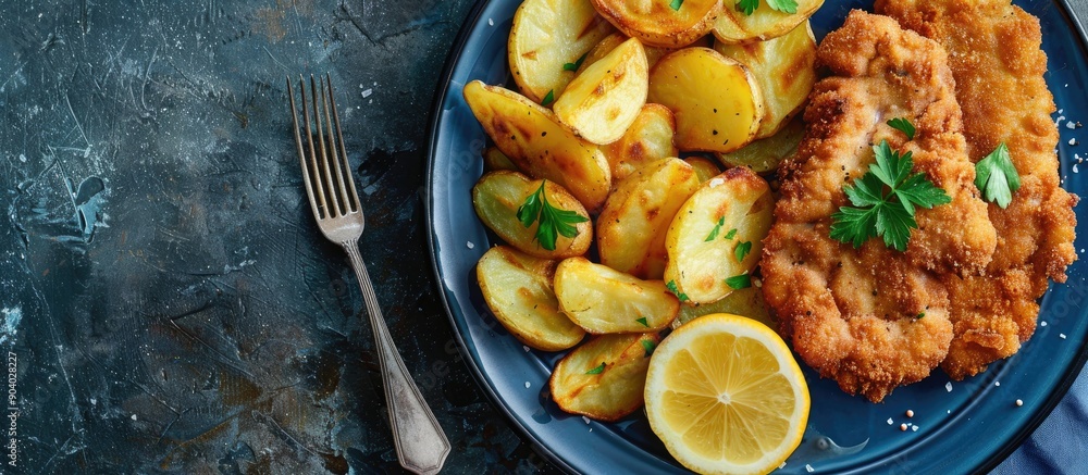 Poster schnitzel and fried potatoes elegantly presented on a blue plate with a captivating copy space image