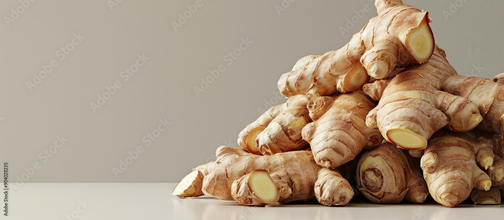 Poster pile of fresh ginger with copy space image