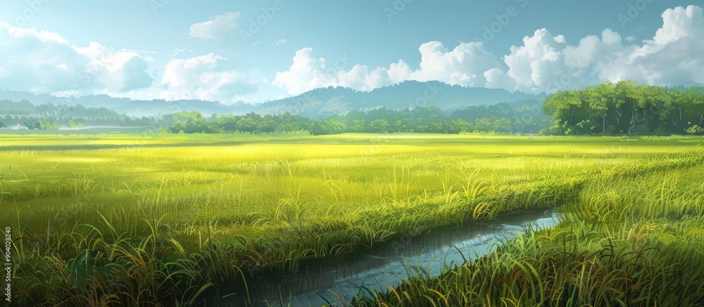 Poster scenic rural landscape with vast rice fields offering a peaceful view with copy space image