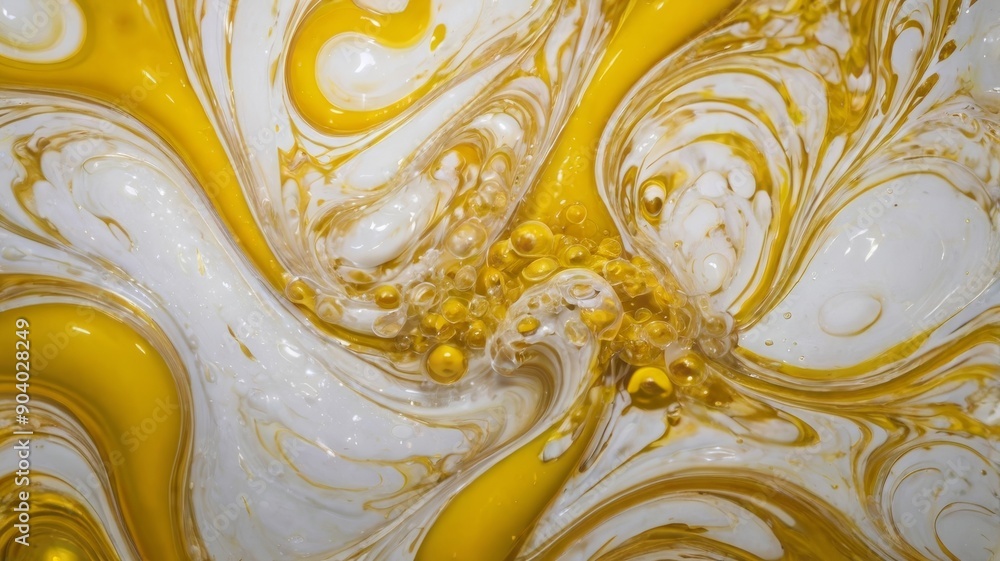 Poster a vibrant abstract swirl of yellow and white hues, creating a mesmerizing pattern with bubbles and f