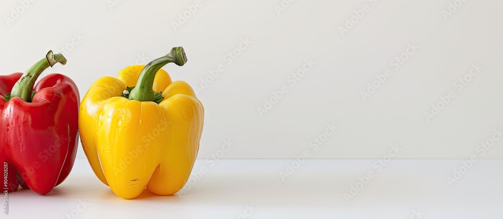 Poster Yellow and red bell peppers displayed on a white background with copy space image