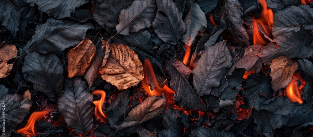Poster dry leaves scorched by flames make for a striking copy space image