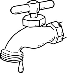 Hand Drawn Vector Cartoon Faucet With Water Dripping Line Art