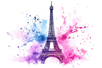 Fototapeta premium Eiffel Tower with abstract splashes in watercolor style. Colorful hand drawn illustration