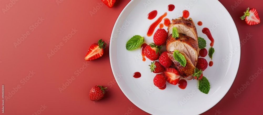 Poster A white plate displaying roasted duck breast topped with strawberries against a simple background with copy space image