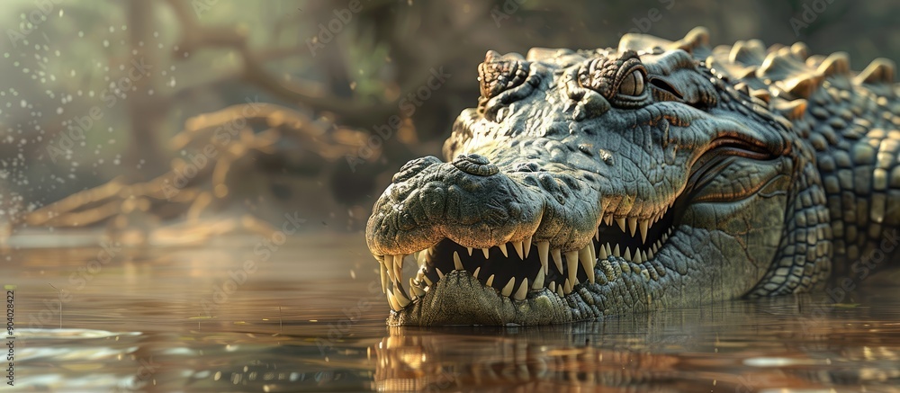 Poster A large menacing crocodile in its wild environment with a copy space image available