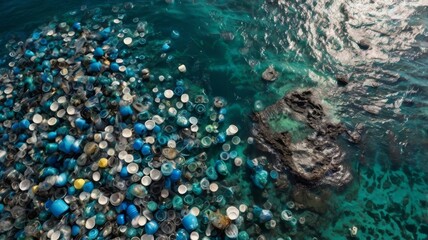 Aerial view of plastic waste in vibrant blue waters, highlighting the environmental impact on marine ecosystems.