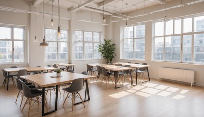 Fototapeta premium Bright and airy co-working space with natural light and modern fixtures 