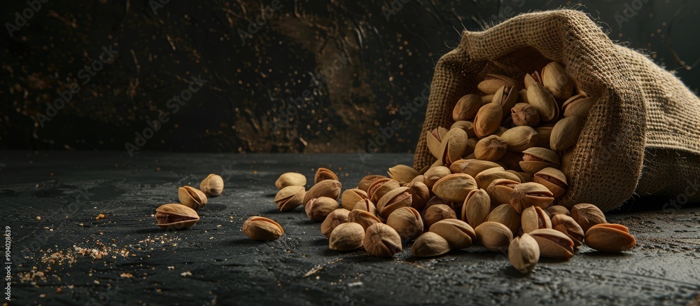 Poster pistachios pouring out of a burlap sack on a black surface with copy space image