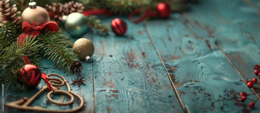 Poster blue wooden table adorned with baubles and fir tree cutters providing a copy space image