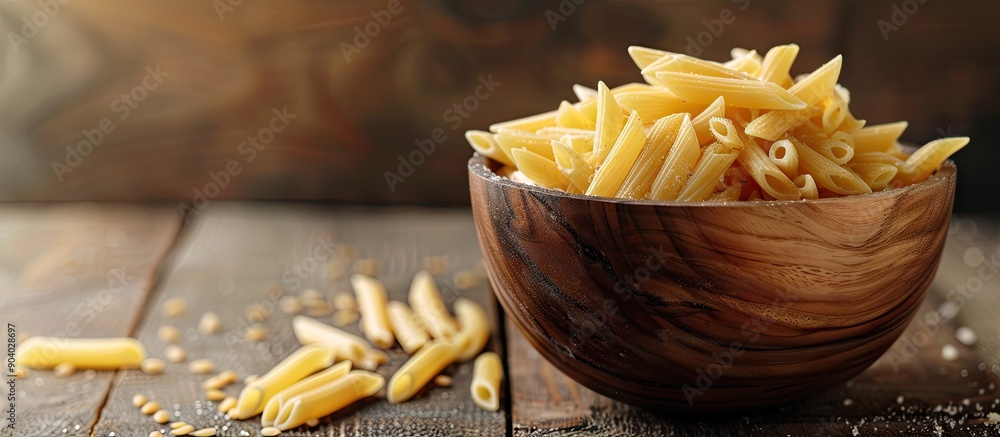 Poster uncooked pasta in a bowl on a table with copy space image