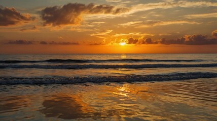 Obraz premium A breathtaking sunset over the calm ocean, with golden and orange hues reflecting on the water's surface.